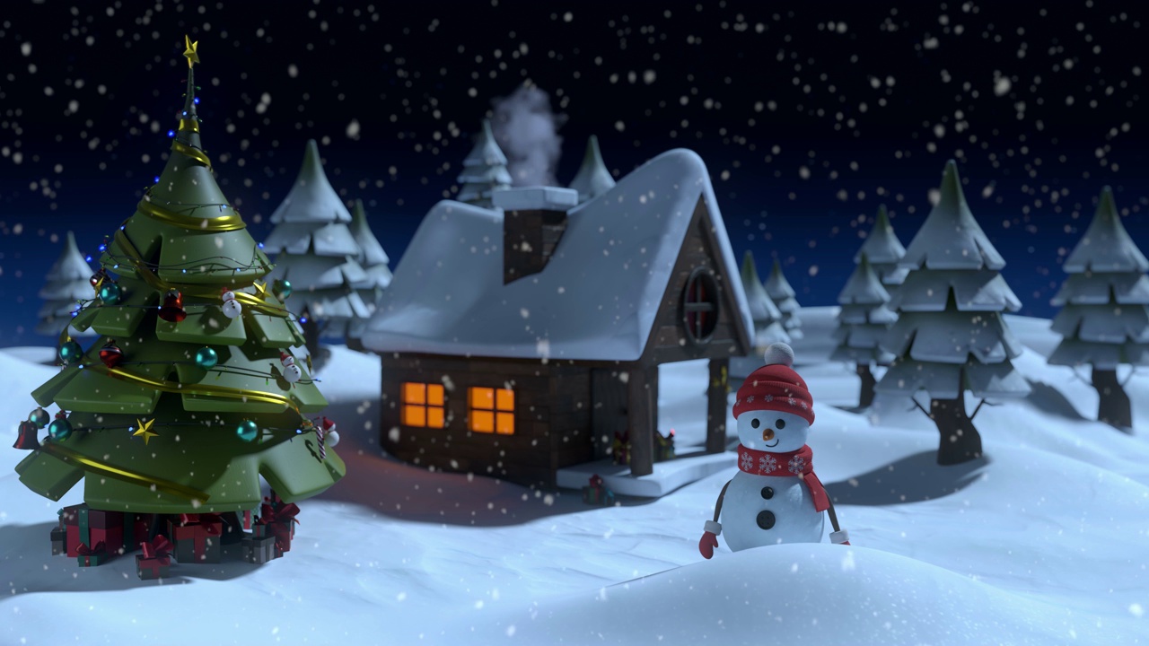 冬夜风景雪人动画4k库存视频视频素材