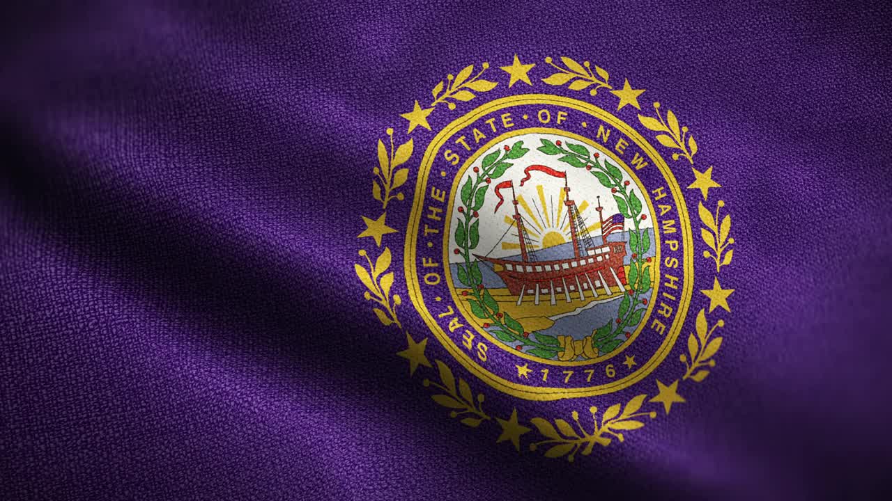 新罕布什尔州国旗动画背景库存视频-新罕布什尔州的旗帜在一个循环中挥舞-汉普郡的旗帜在风中飘扬-高度详细的纹理国旗织物视频下载