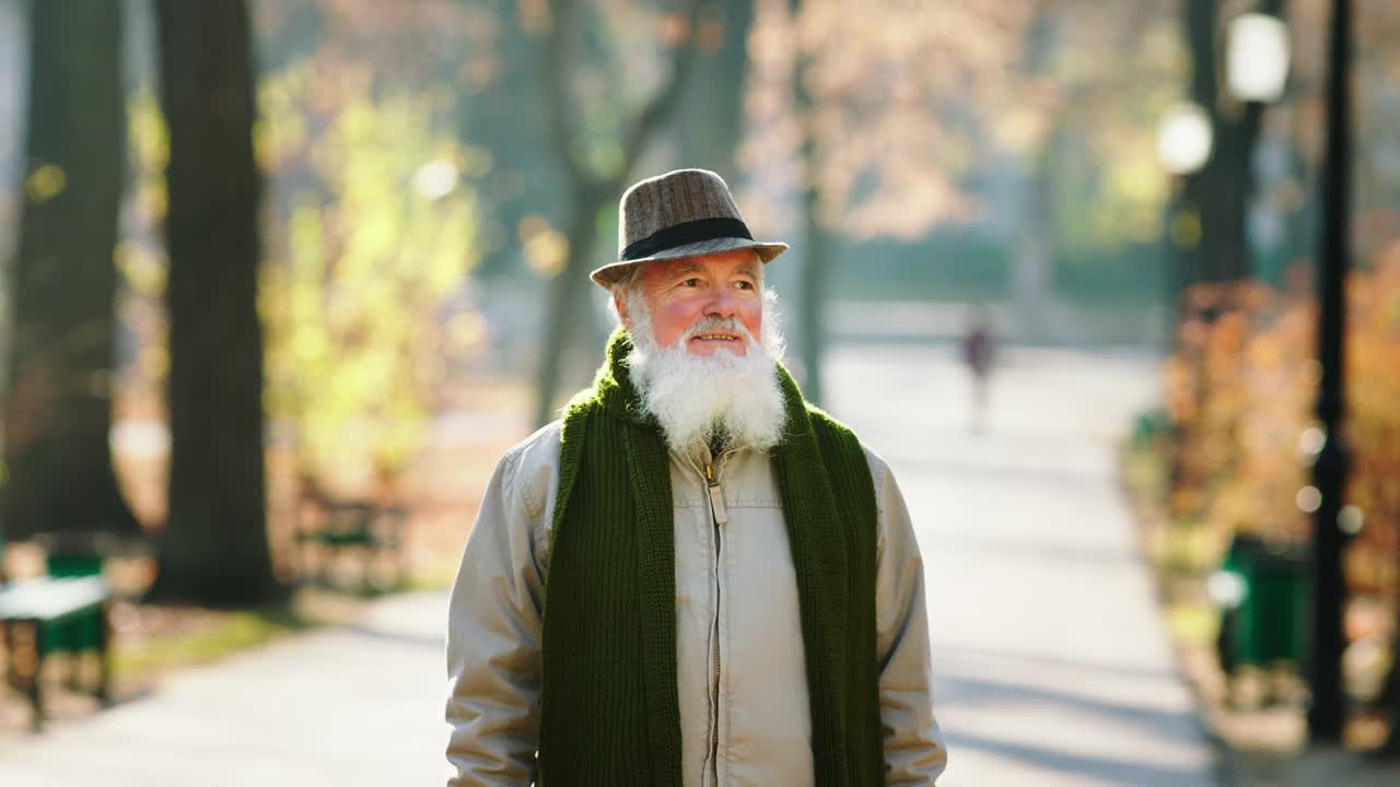 完美的秋天早晨有魅力的老人在公园散步，他看着周围的树，享受新鲜的空气，他戴着帽子。4 k视频下载