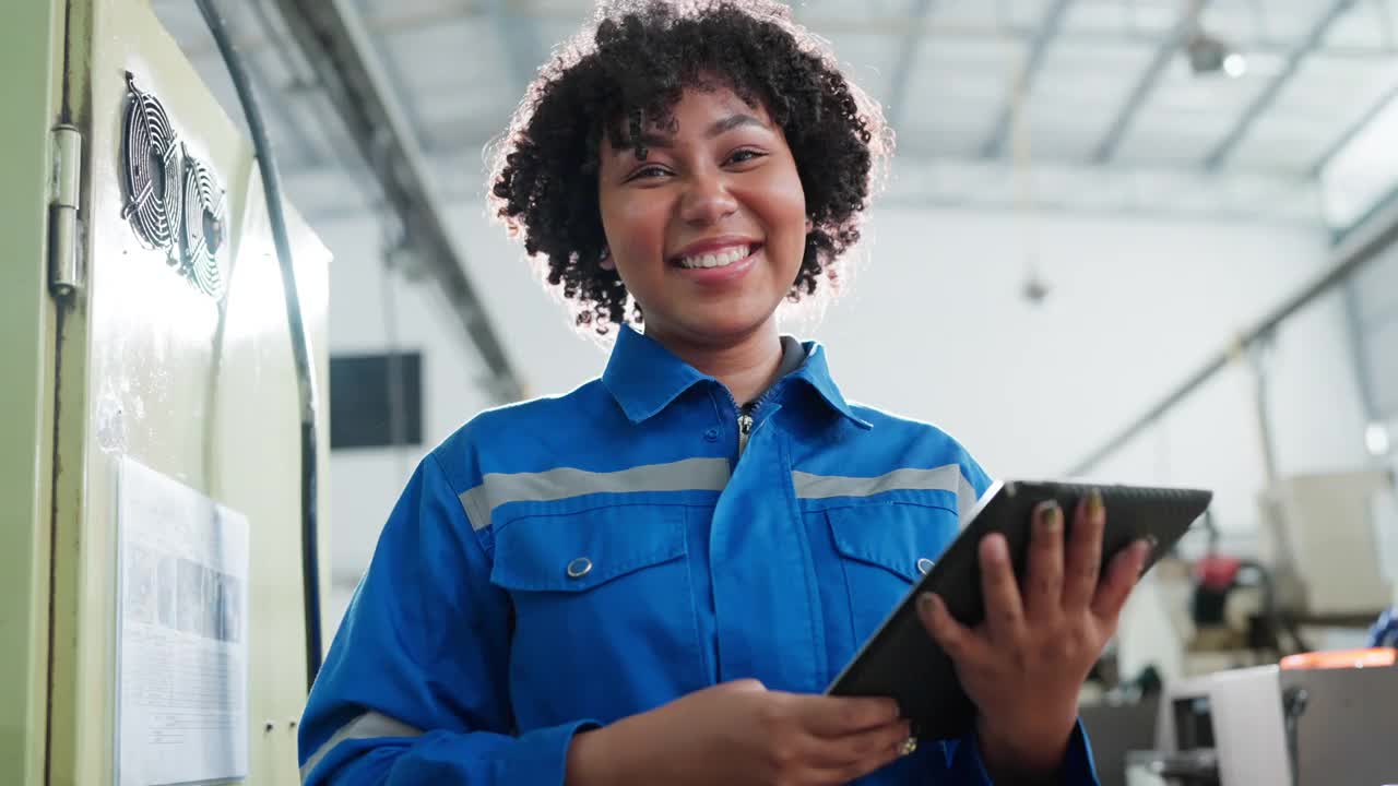女性非裔美籍机械工程师操作数控铣床的安装过程，女性技术员工作在生产金属产品的进度线视频下载