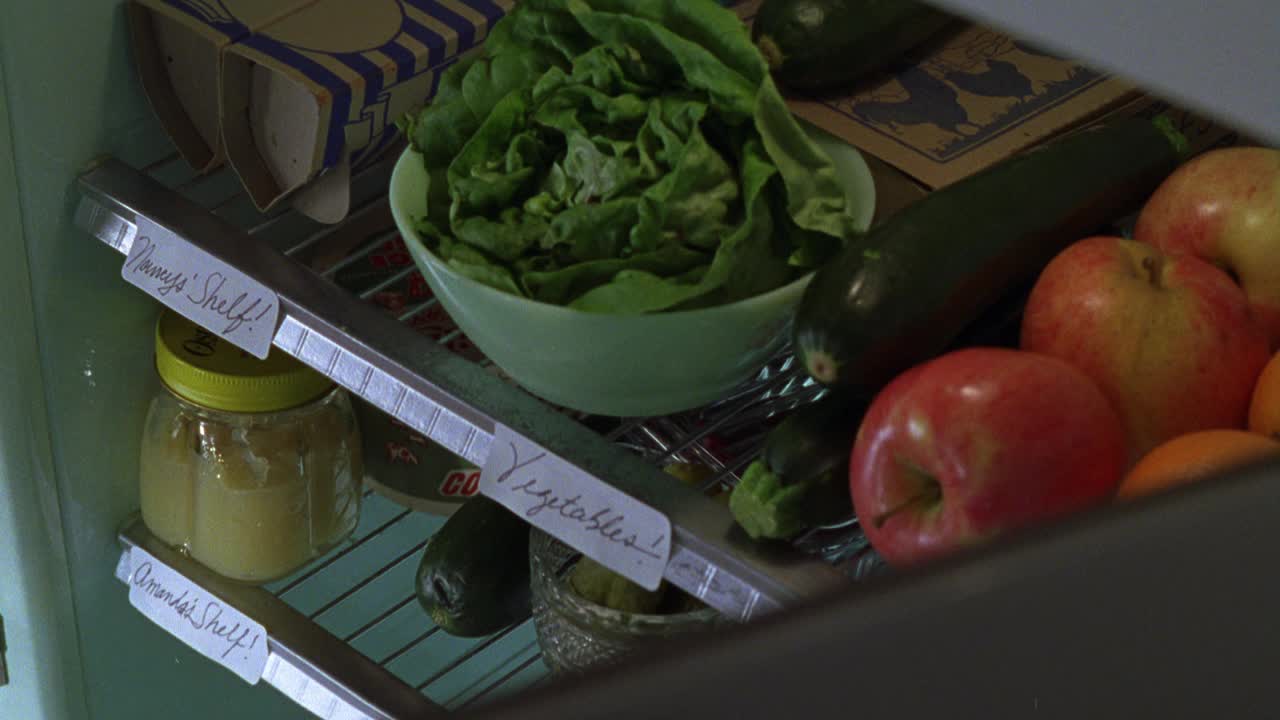 把蔬菜放在冰箱内的蔬菜里面。其中一个架子上写着“南希的架子，只售蔬菜!”菠菜、苹果和其他素食视频下载