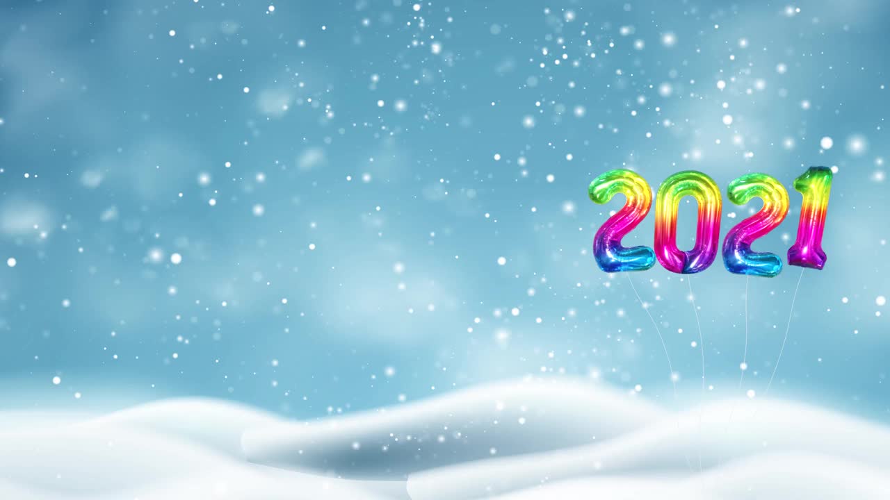 2022年新年快乐定格彩虹气球动画概念。空复制空间雪背景。视频素材