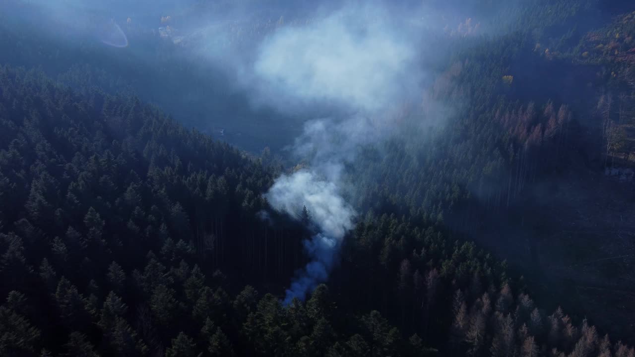 一个森林地区的鸟瞰图，伐木工人燃烧木材，在山上用烟生火视频下载