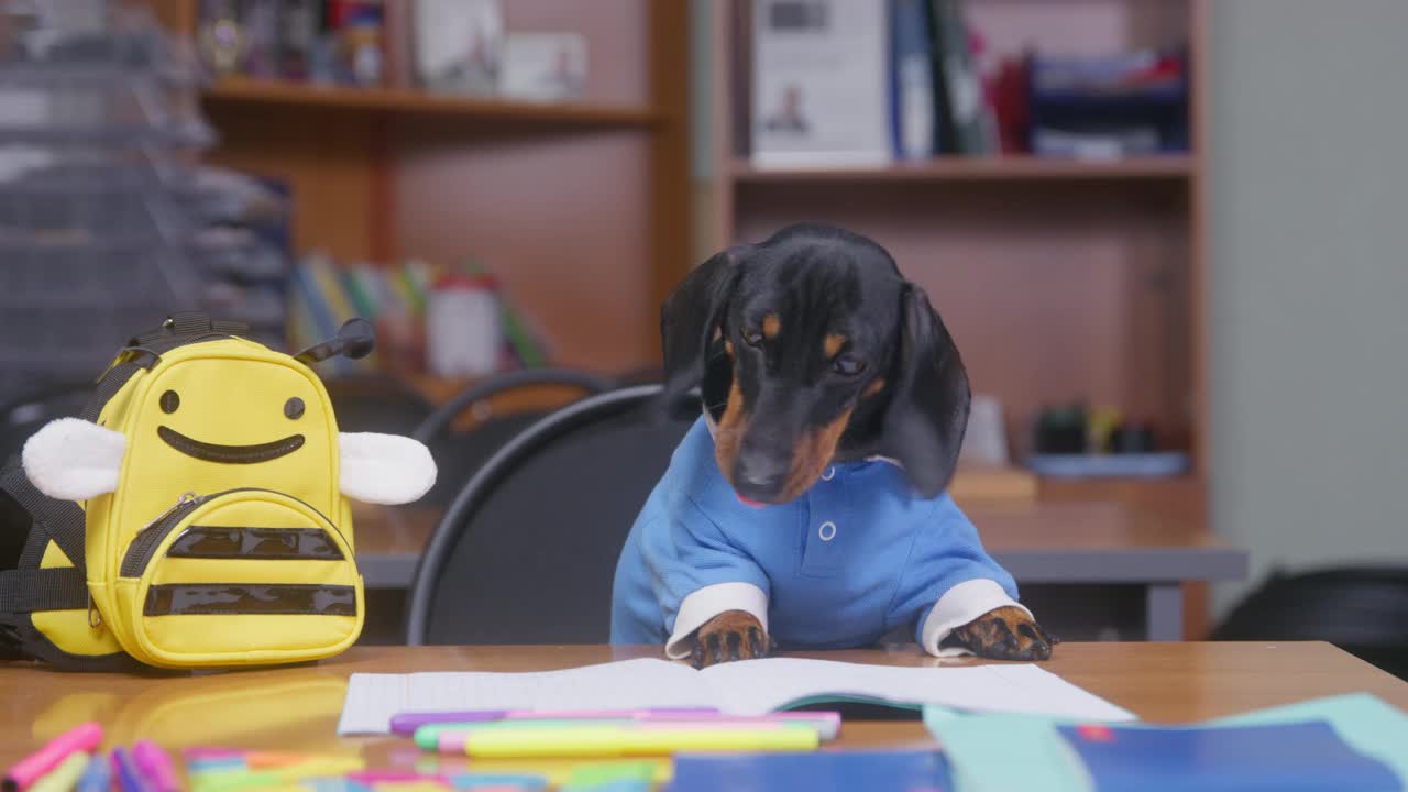 课间休息时，一头黑发的腊肠犬坐在教室的木桌旁吃零食，旁边是印有蜜蜂图案和学习用品的背包视频素材