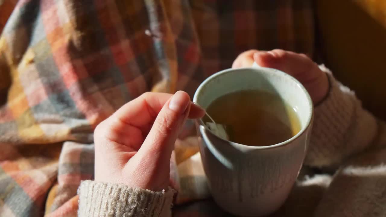 一个女人的手在一个舒适的室内环境与格子花呢喝热花草茶的特写视频下载