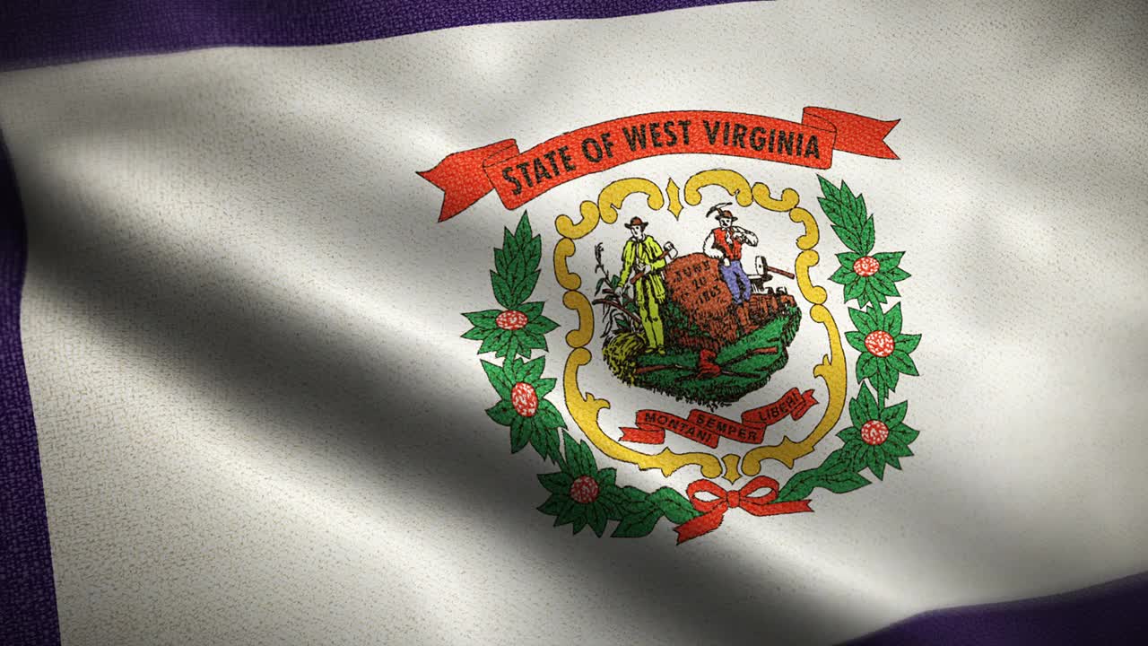 动画摇摆州西弗吉尼亚州国旗动画股票视频-西弗吉尼亚州国旗波浪和纹理3d渲染-高度详细的织物图案和可循环的美国州领土的旗帜视频下载