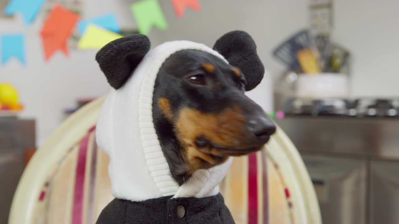 可爱的腊肠狗的肖像，穿着有趣的温暖夹克，戴着带有熊猫耳朵的帽子，在为庆祝化妆舞会而装饰的房间里吠叫，正面视图视频下载