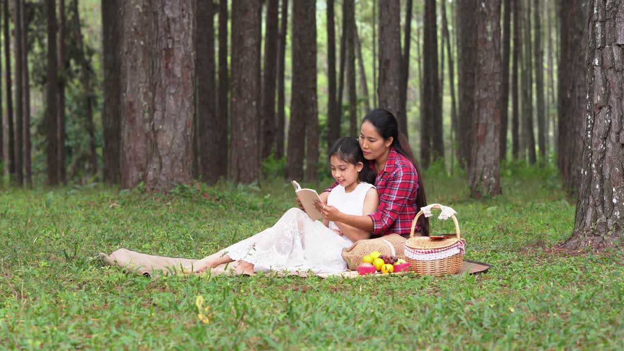 一家人在野餐。在松树公园读小说的女孩。在一个阳光明媚的夏日，女孩们坐在树下。女儿和母亲。视频下载