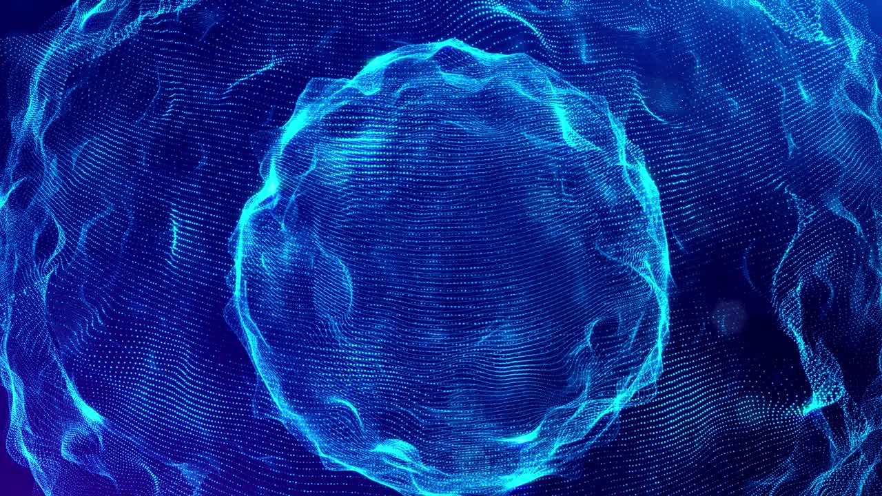 3d环bg科幻背景数字空间与全息球。蓝色高科技领域，发光粒子在球形表面形成线和波。高科技bg。景深视频下载