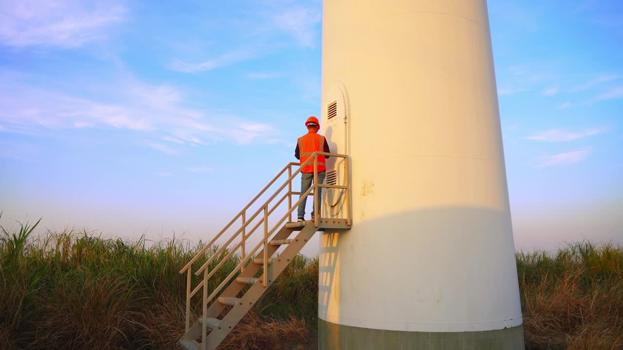 在美丽的日落中，一个年轻的男性工程师拿着ipad站在风力涡轮机旁，这是一个碳中和的概念视频素材