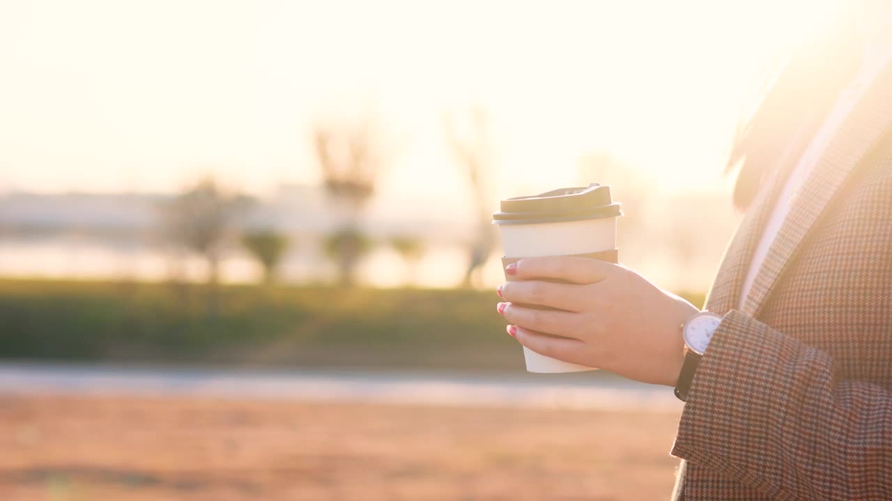 早上拿着纸制咖啡杯散步的女人视频下载