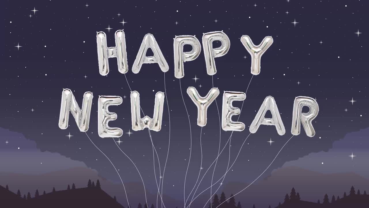 2022年新年快乐定格动画金银气球动画概念。介绍和外与复制空间的文本信息或标志，城市夜晚的背景。视频素材