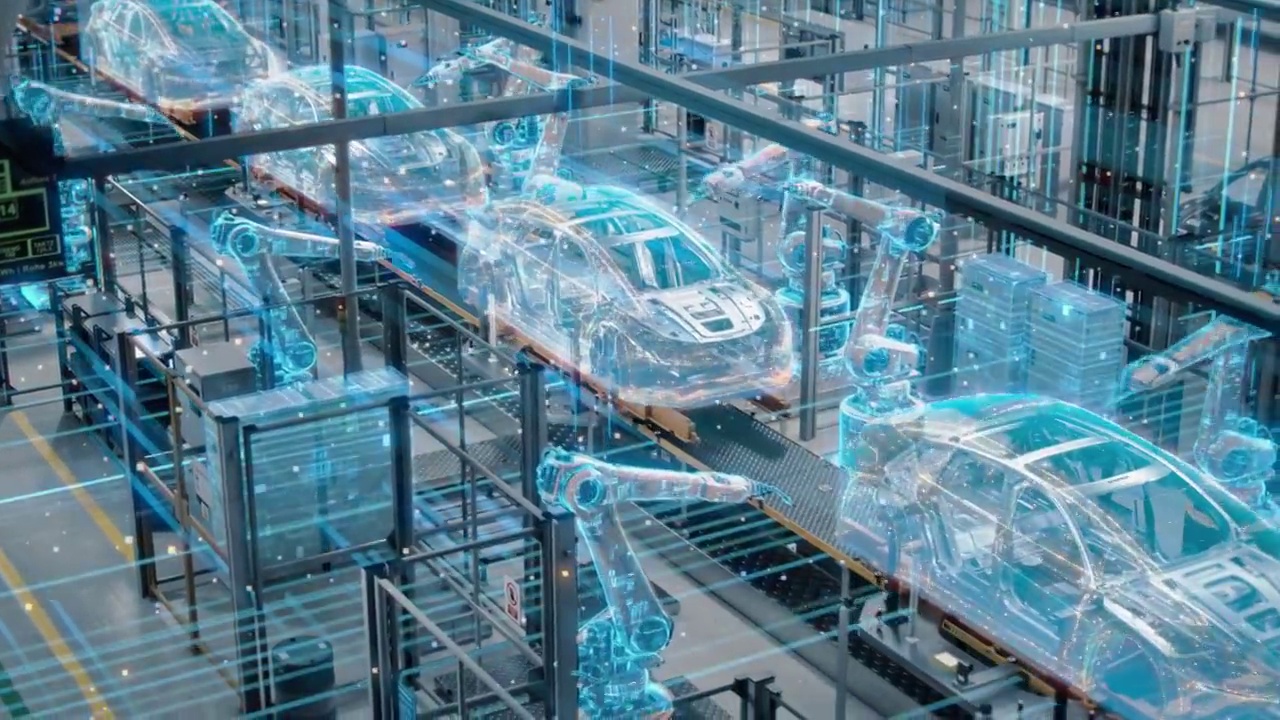汽车工厂数字化工业4.0理念:自动化机器人手臂装配线制造高科技绿色能源电动汽车。人工智能计算机视觉分析，扫描生产效率视频下载