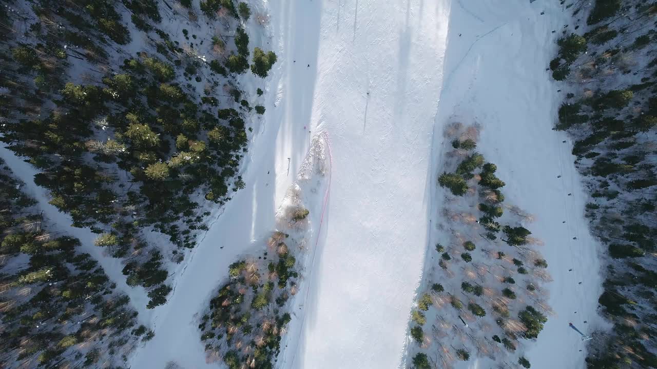 在晴朗的冬日里，滑雪者沿着树木之间的滑雪斜坡向下俯瞰，滑雪椅在一边向上移动。视频素材