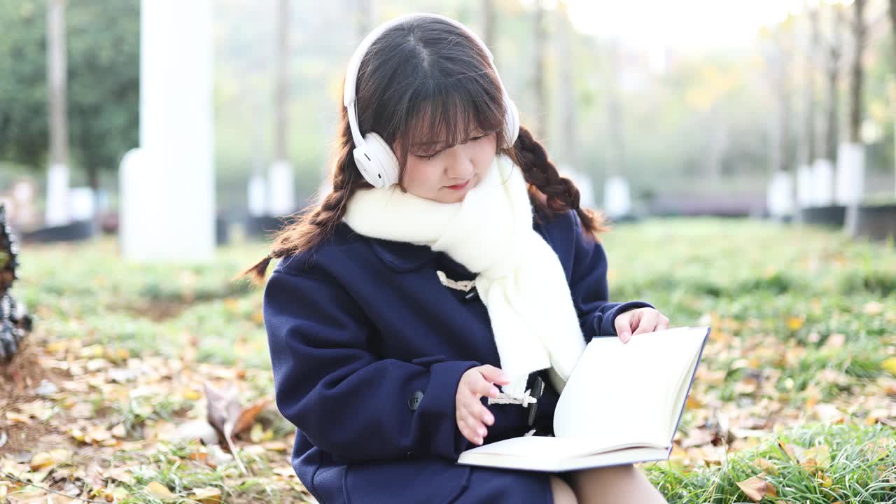 秋天，一个女人在外面听音乐看书。视频下载