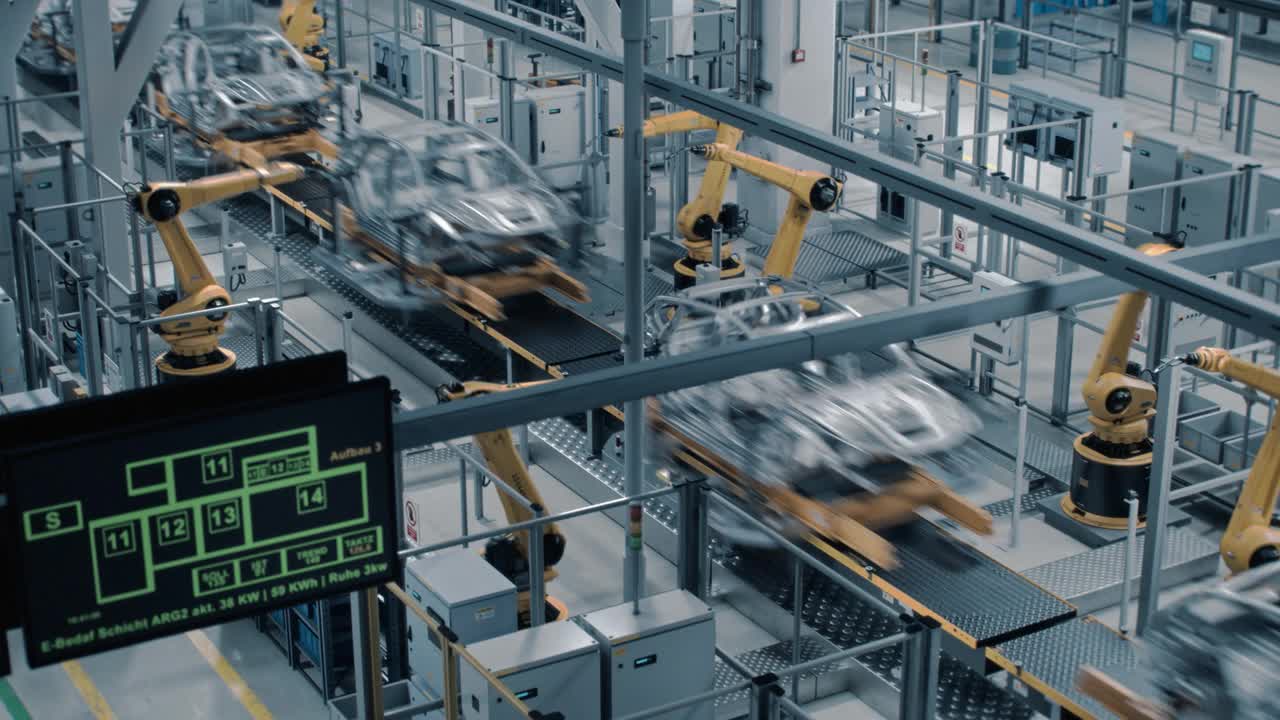延时汽车厂数字化工业4.0概念:自动化机器人手臂装配线制造高科技电动汽车。人工智能计算机视觉分析，扫描生产效率视频下载