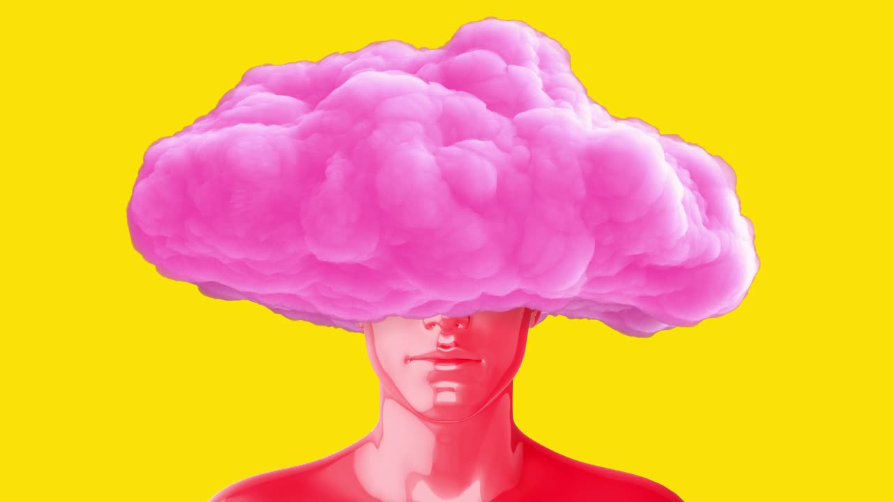 男人红色的身体，粉红色的云在头上。写实的三维艺术组成的创意现代定格运动风格。最小抽象图形概念设计。时尚循环动画。视频素材