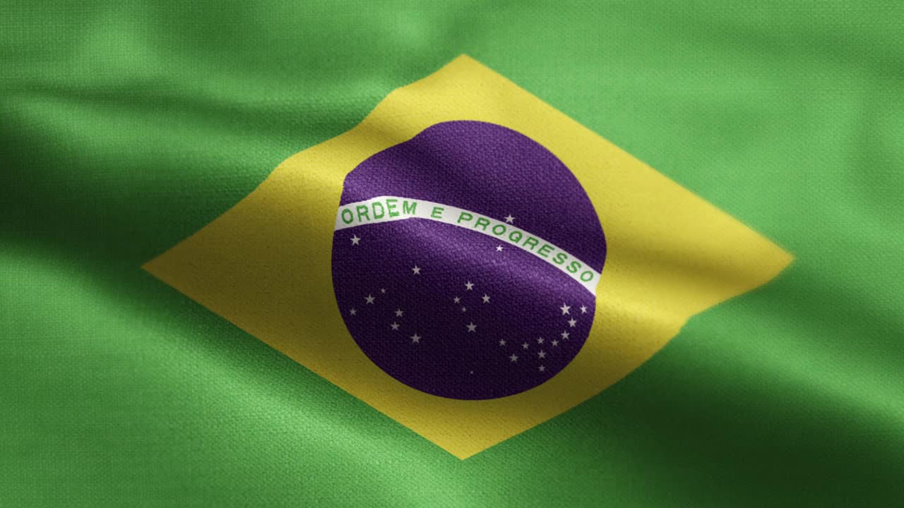 巴西国旗动画股票视频-巴西国旗挥舞在循环和纹理3d渲染的背景-高度详细的织物图案和可循环-巴西联邦共和国国旗视频下载
