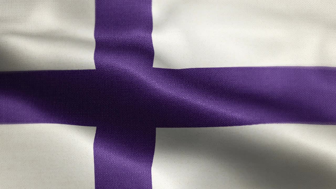芬兰国旗动画素材视频-芬兰国旗在循环和纹理3d渲染背景-高度详细的织物图案和可循环-芬兰共和国视频下载