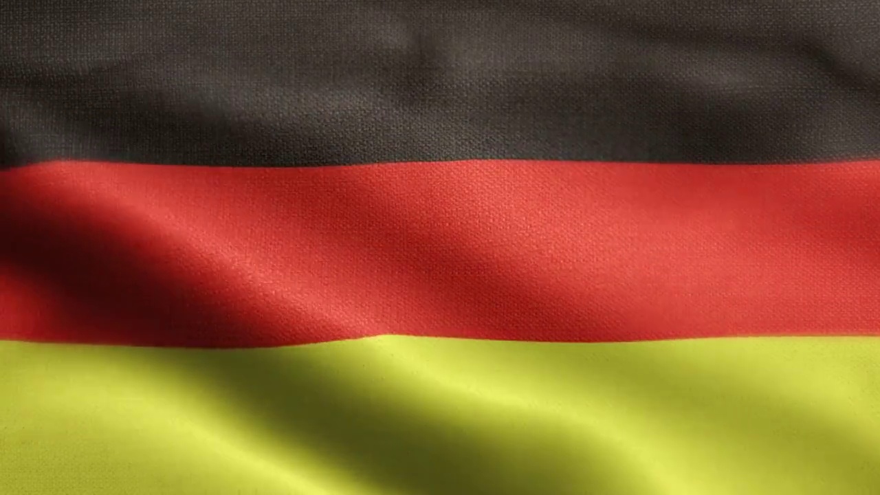 德国国旗动画股票视频-德国国旗挥舞在循环和纹理3d渲染的背景-高度详细的织物图案和循环-联邦德国共和国视频下载