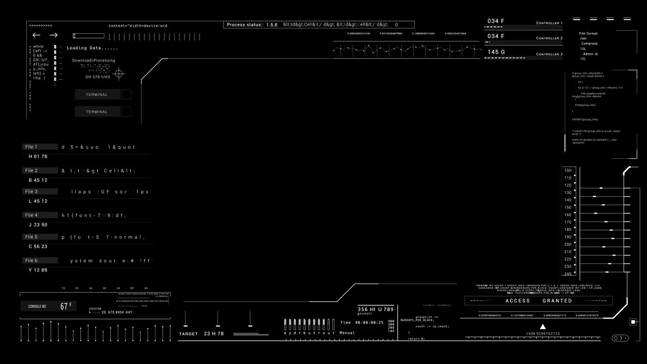 技术用户界面和vewfinder数据显示。Sci Fi HUD帧。控制面板HUD技术信息图。黑色背景阿尔法光亮度通道视频下载