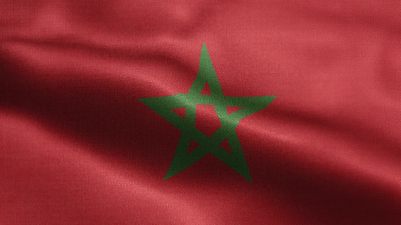 摩洛哥国旗动画股票视频-摩洛哥国旗在循环和纹理3d渲染背景-高度详细的织物图案和可循环-王国摩洛哥国旗视频下载