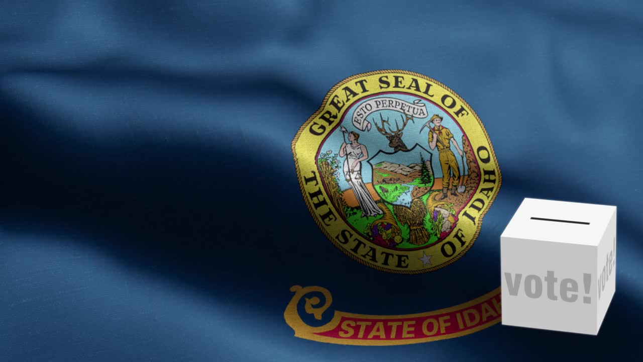 爱达荷州-选票飞到箱为爱达荷州选择-票箱在国旗前-选举-投票-国旗爱达荷州波图案循环元素-织物纹理和无尽的循环-爱达荷州循环国旗-美国国旗视频下载