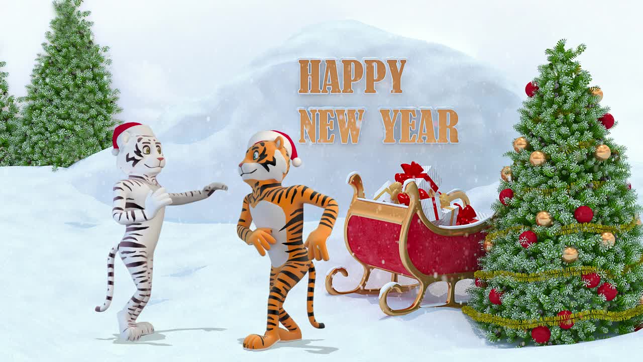 老虎和虎妞跳舞祝贺，新年快乐视频下载