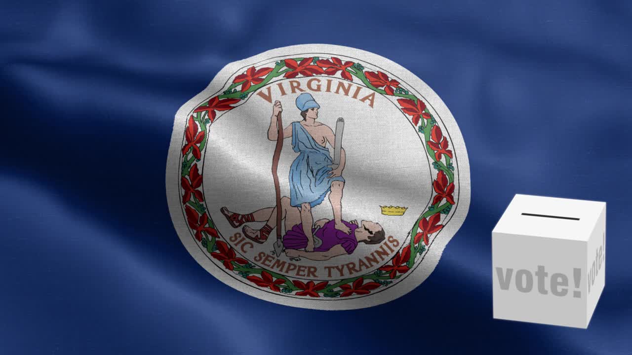 弗吉尼亚州-选票飞到盒子弗吉尼亚选择-票箱前的国旗-选举-投票-国旗弗吉尼亚州波图案循环元素-织物纹理和无尽的循环-弗吉尼亚州州循环国旗视频素材