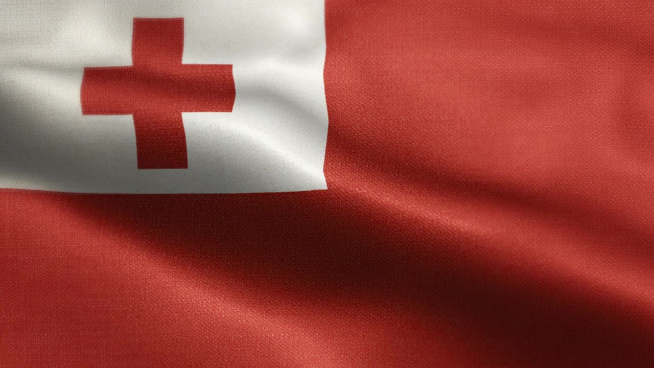 汤加国旗动画素材视频-汤加旗帜在循环和纹理3d渲染背景-高度详细的织物图案和循环-汤加王国的旗帜视频下载
