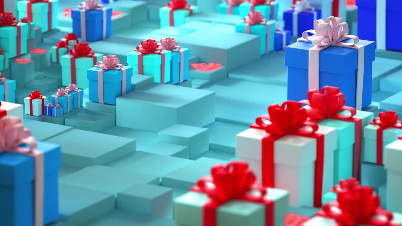 三维抽象圣诞可视化，圣诞礼物在移动的背景。视频素材