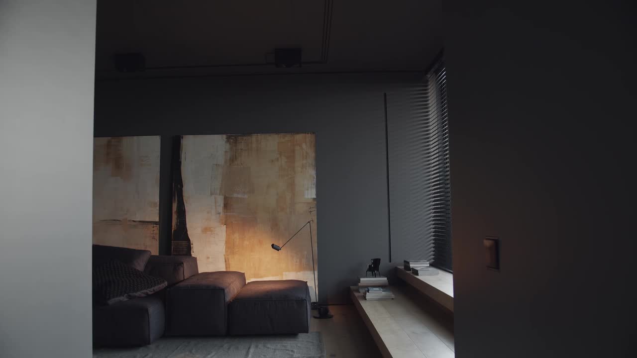 当代极简主义室内设计，客厅采用黑色、灰色调视频素材