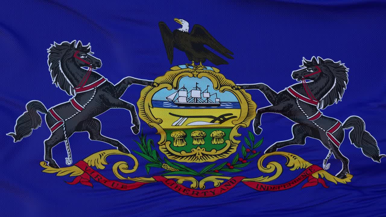 美国宾夕法尼亚州的旗帜，迎风飘扬视频下载