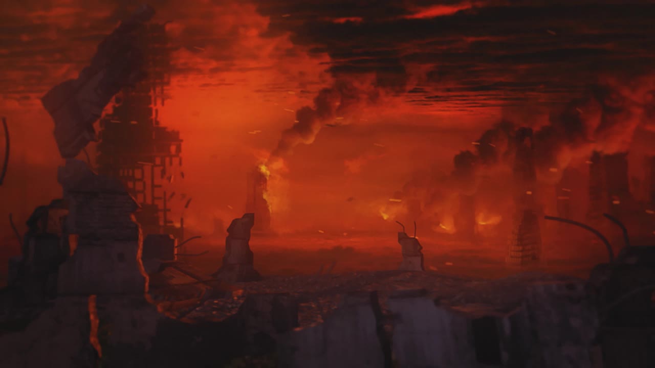 启示录系列。红色的天空和燃烧的城市，被大火、烟雾和飞溅的碎片所覆盖。灾难、核战争或小行星撞击景观。电影,电影的场景。视频下载