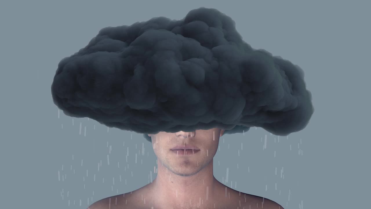 男人的身体，头上有雨云。写实的三维艺术组成的创意现代定格运动风格。最小抽象图形概念设计。时尚循环动画。视频素材