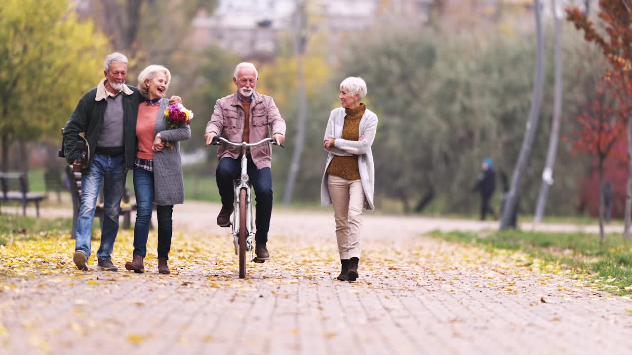 一群快乐的老年人在公园散步时聊天。视频下载