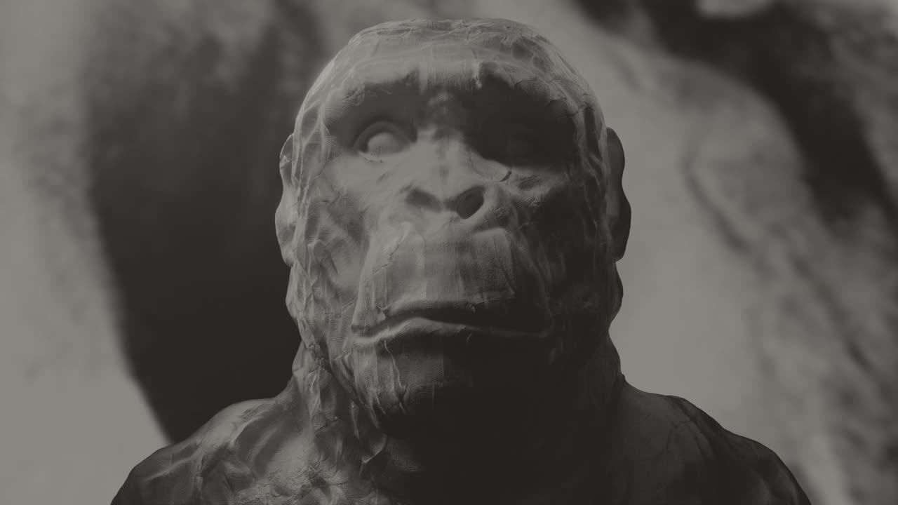 猿或原始的尼安德特人的头部雕塑。视频素材
