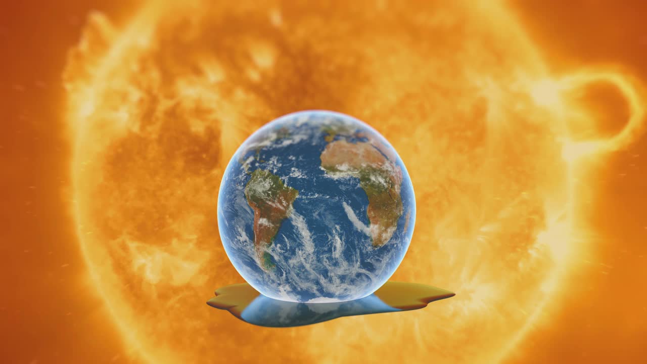 地球融化成水，背景是太阳。全球变暖象征动画。视频下载
