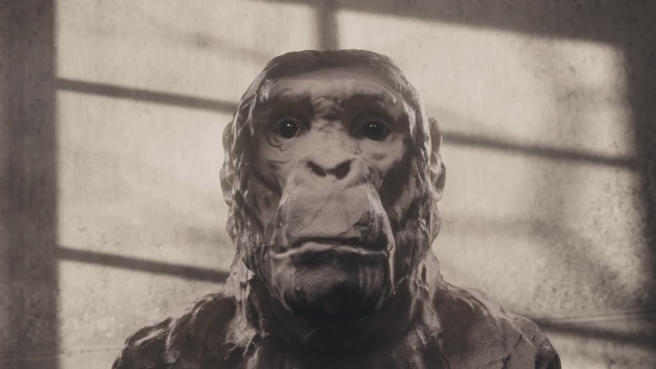 猿或原始人的头部雕塑。高质量的3D动画。视频素材