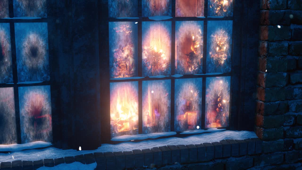 新年和圣诞节背景。圣诞树，礼物，壁炉场景透过冰冻的窗户。圣诞树下的礼物和壁炉里的火的传统场景。平安夜，4K 3d动画视频素材