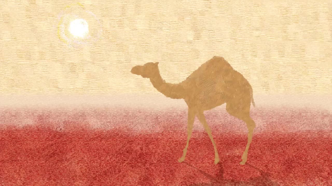 骆驼行走在沙漠动画。视频下载