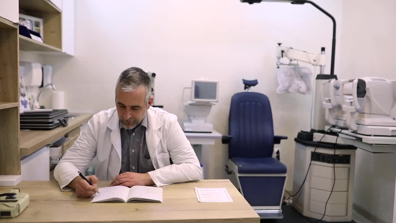 这位专业的眼科医生坐在他的办公室里，记下今天的检查结果。视频下载