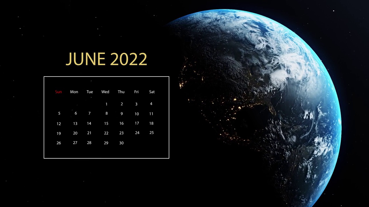 2022年6月日历出现在地球上，在黑色的恒星背景下，外层空间旋转视频下载