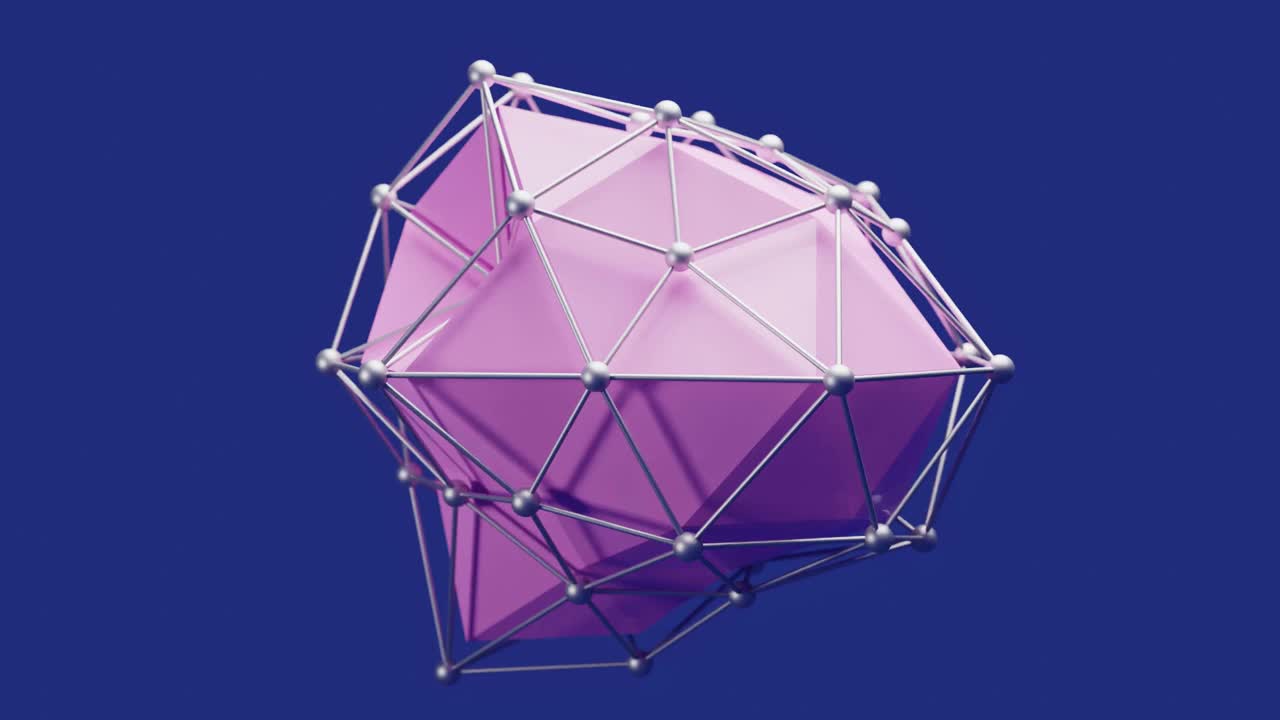 视频渲染计算机生成的图像粉色变形立方体与网格颗粒在蓝色背景视频下载