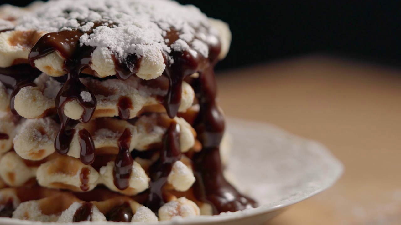 巧克力比利时华夫饼特写。甜的甜点视频素材