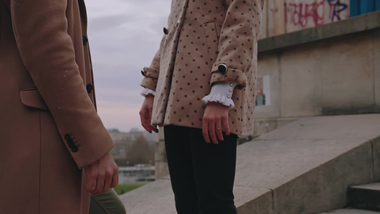 这对年轻夫妇手牵着手，在特罗卡德罗广场的楼梯上深情相爱视频下载