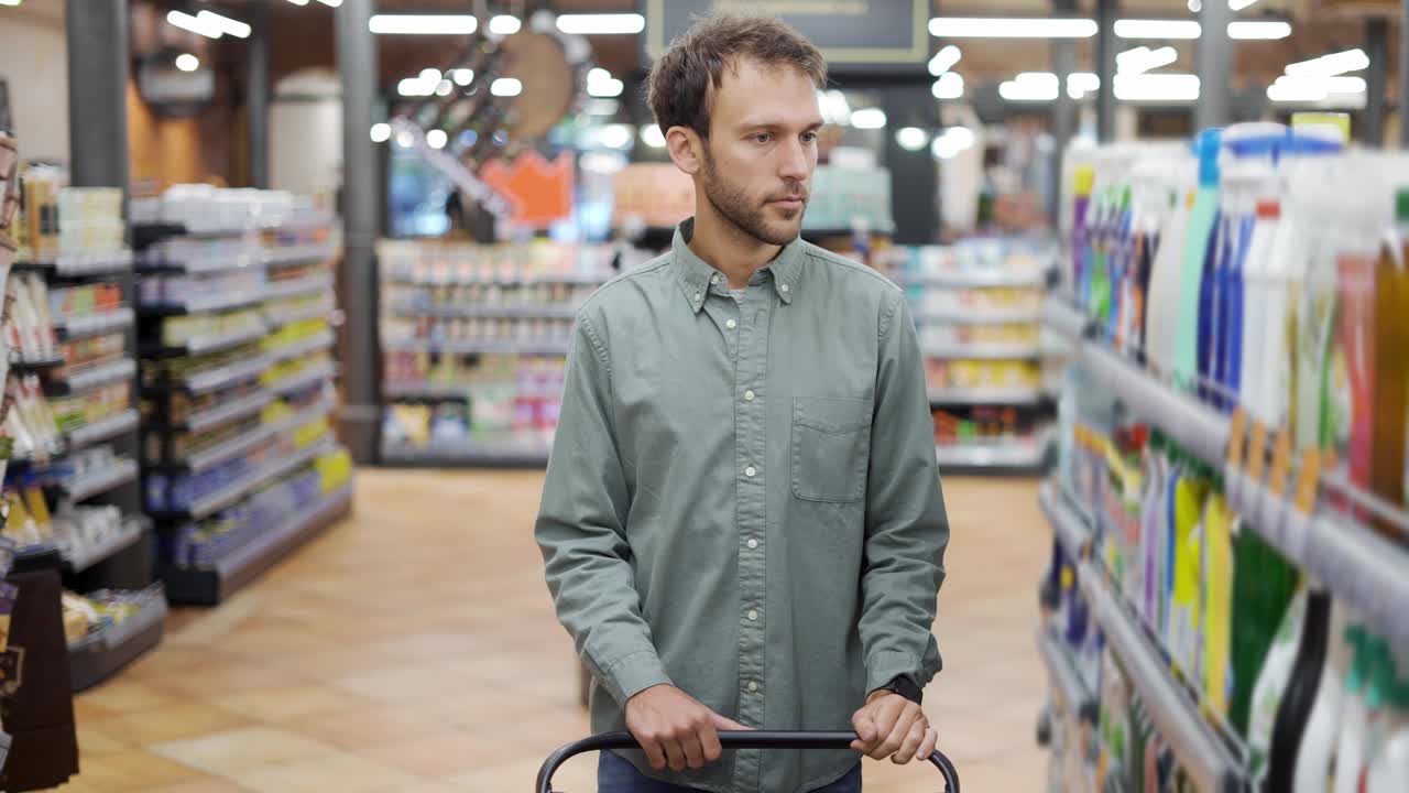 一名男子走过超市，从家用化学品部的货架上取货视频素材
