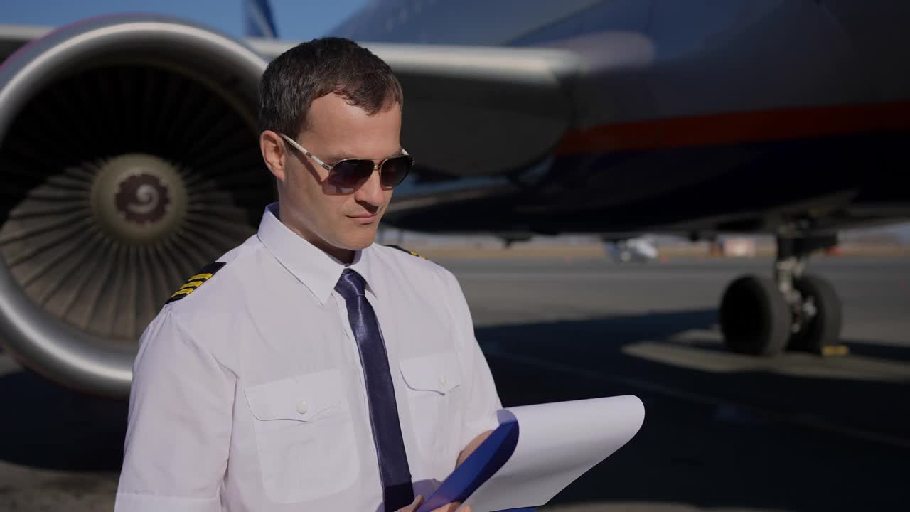 机场,飞机。自信的男性飞行员工人穿着制服的航空工程师在飞行安全前检查飞机。旅游专业人士旅游交通专业人士的概念视频素材