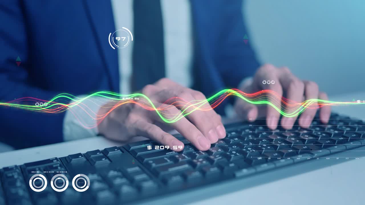 商业人士在电脑键盘上打字未来界面统计数据分析图表硬币加密货币交易背景，金融全球商业数据技术视频素材