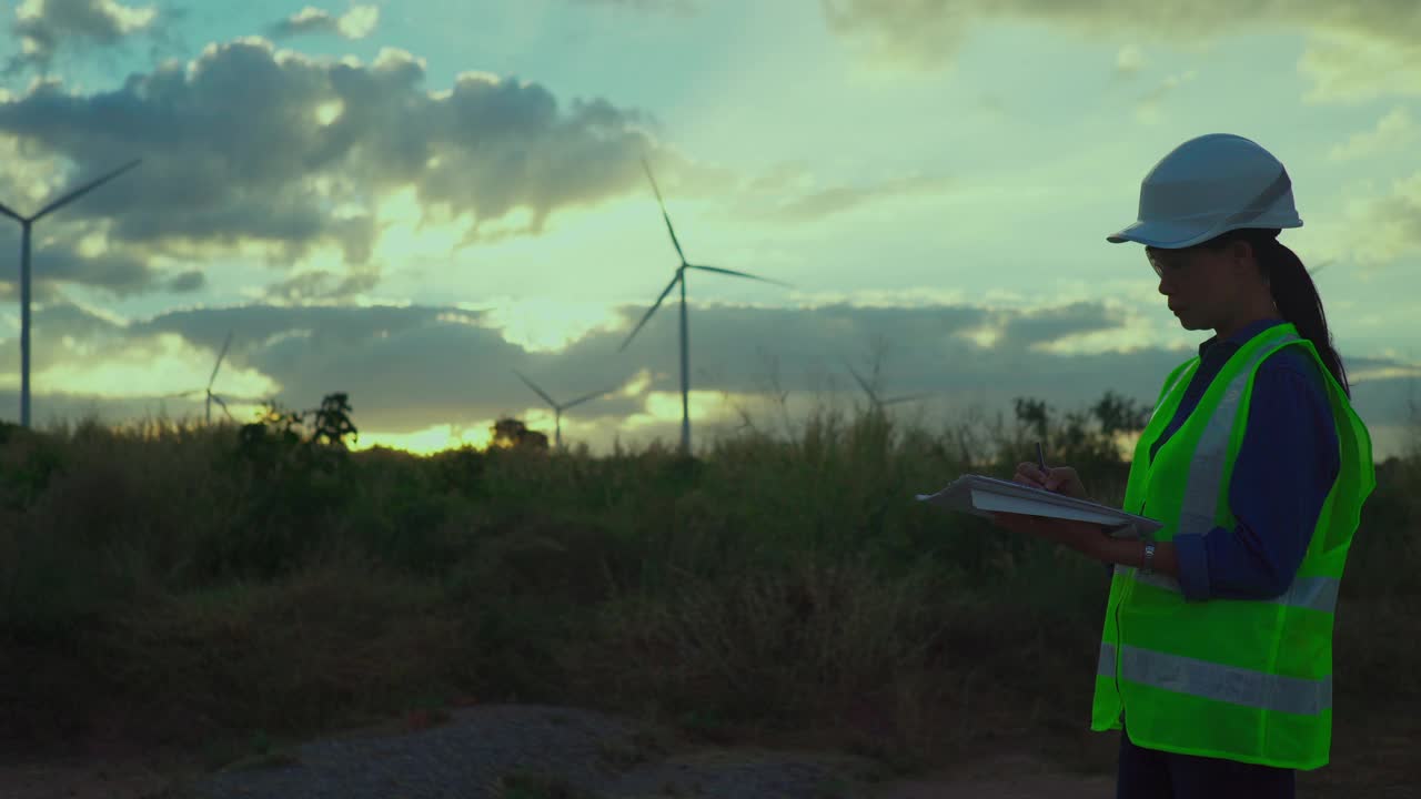 女性工程师使用智能手机在风力涡轮机农场工作的视频。视频素材